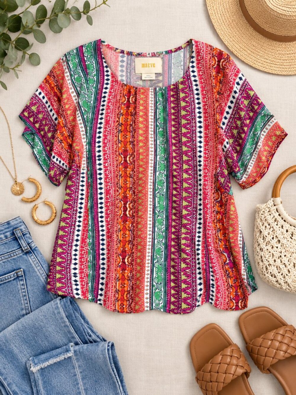 Maeve Anthropologie Multicolor Boho Stripe Floral Viscose Blouse Top S
